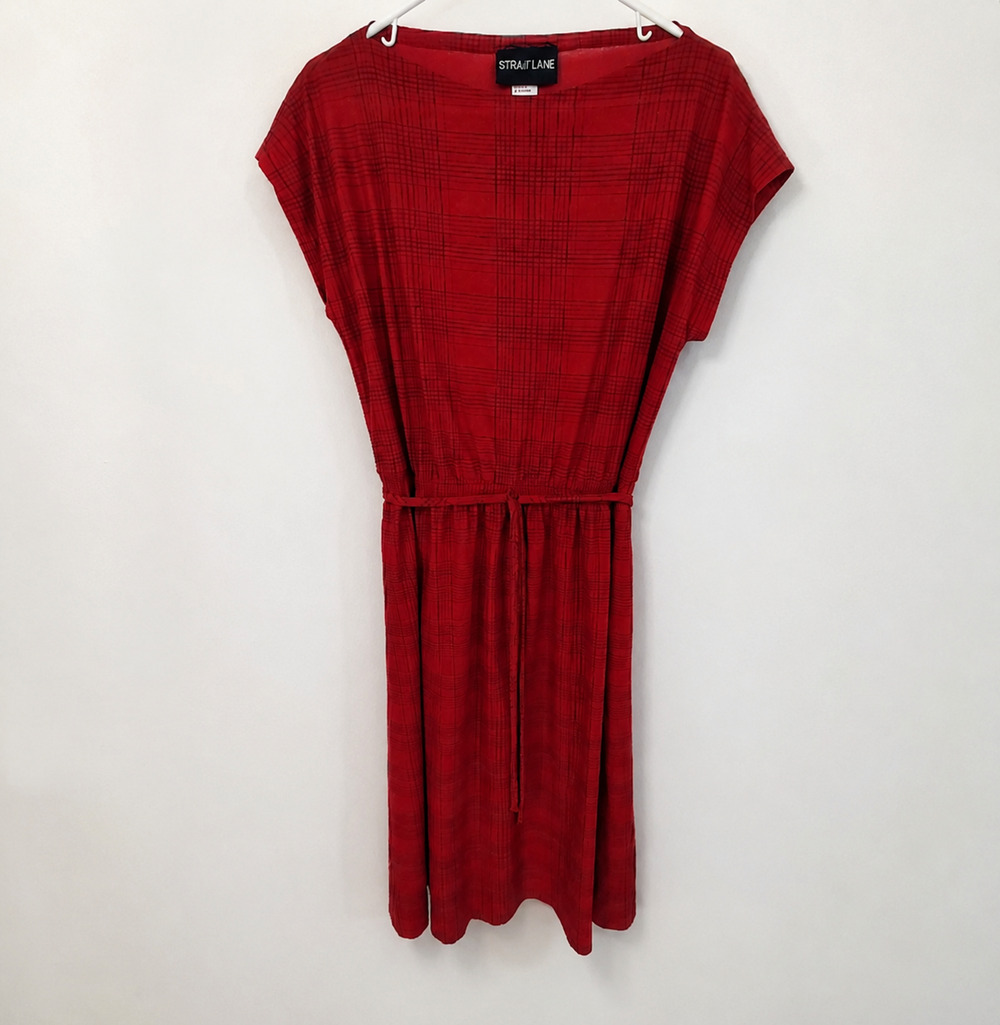 Strait Lane Red Plaid Dress Self-Tie Waist Women's 14 Short Sleeve Polyester 41"